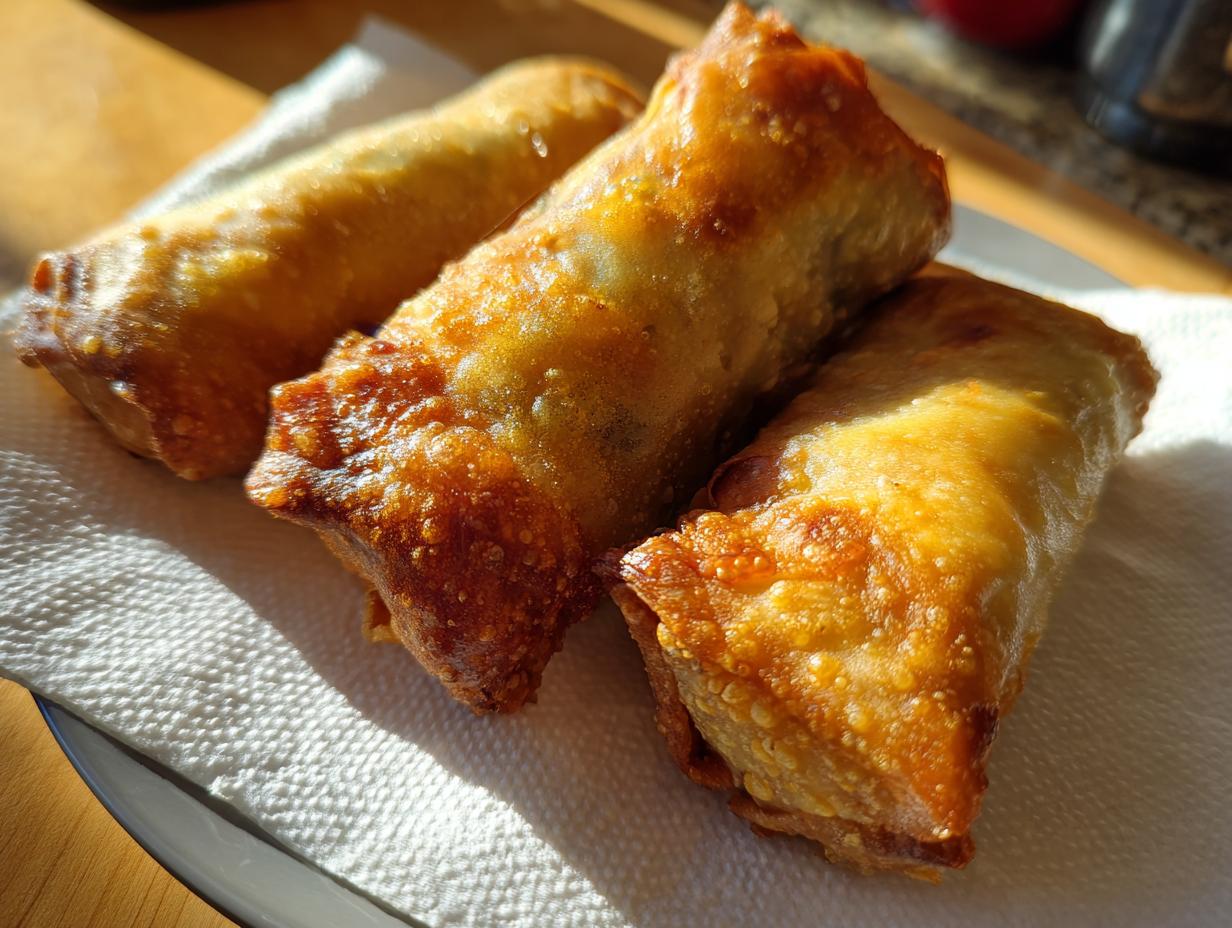 Three perfectly fried, crispy egg roll appetizers resting on a white paper towel.