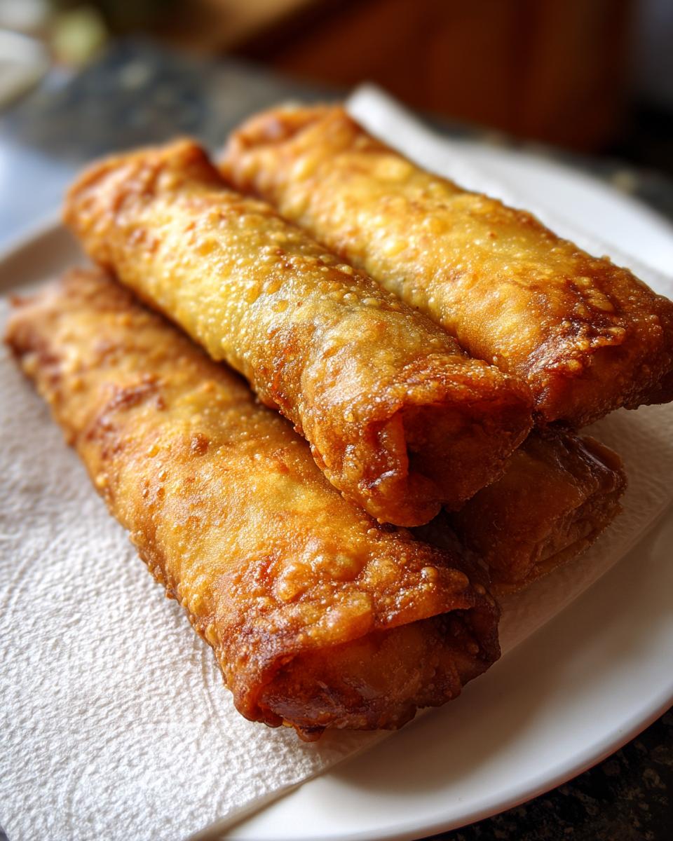 Close-up of four golden brown, crispy fried egg roll appetizers stacked on a white plate lined with a paper towel.