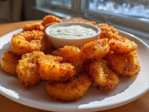 A plate piled high with golden brown, crispy Fried Pickles surrounding a small bowl of creamy dipping sauce.