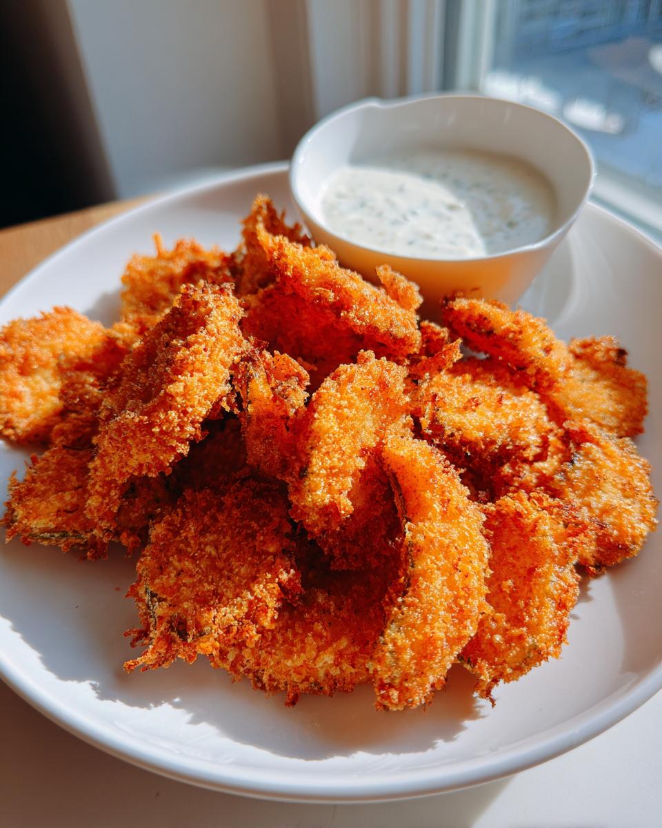A plate piled high with golden brown, crispy Fried Pickles served next to a small bowl of creamy dipping sauce.