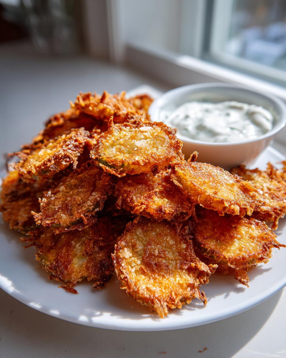 A pile of golden brown, crispy Fried Pickles served on a white plate next to a small bowl of creamy dipping sauce.