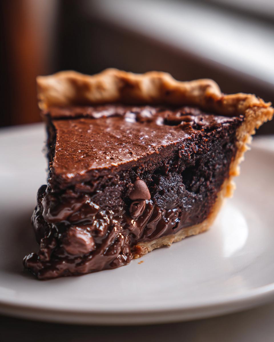 Close-up of a rich slice of hot fudge pie showing a gooey, melted chocolate center oozing onto a white plate.