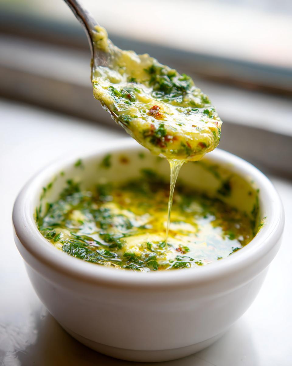A spoonful of melted, herby cowboy butter dipping sauce drips back into a small white bowl.