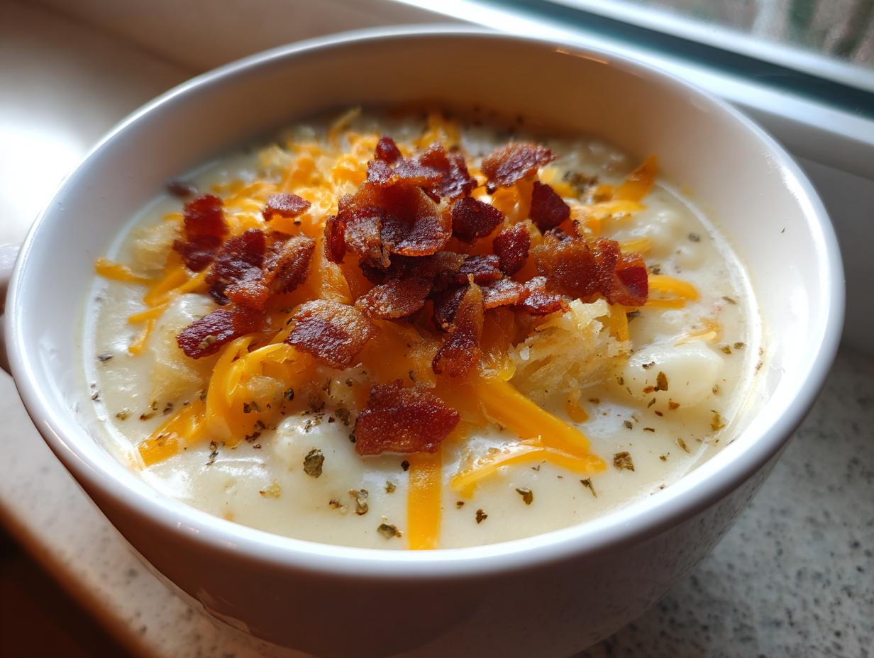 A close-up of a white bowl filled with creamy easy crockpot potato soup, topped generously with shredded cheddar cheese and crispy bacon bits.