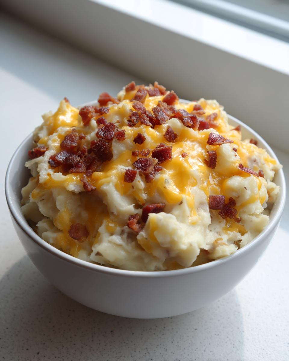 A white bowl filled with creamy potato soup topped with melted cheddar cheese and bacon bits, resembling loaded baked potato toppings.