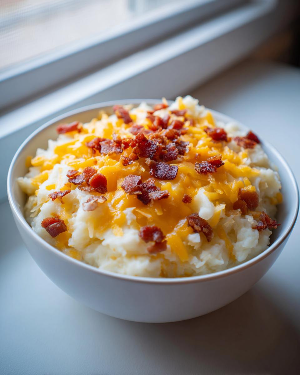 A white bowl filled with thick, creamy easy crockpot potato soup topped generously with melted cheddar cheese and crispy bacon bits.
