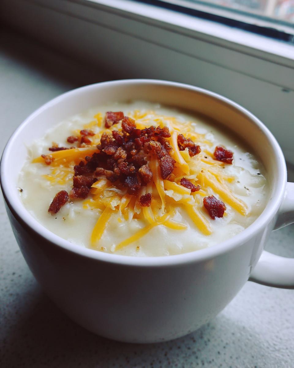 Close-up of a white mug filled with creamy easy crockpot potato soup, topped with shredded cheddar cheese and crispy bacon bits.