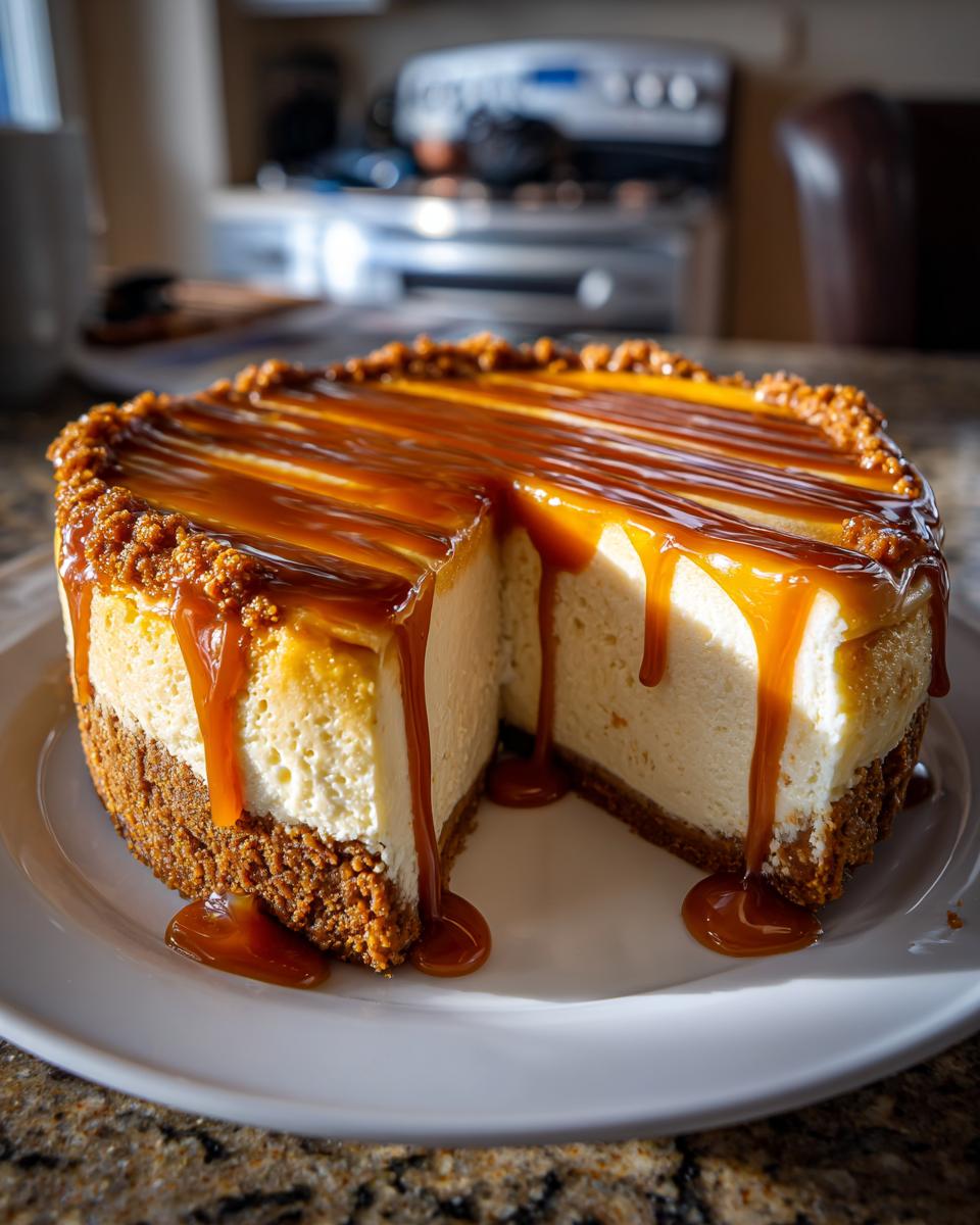 A rich, creamy salted caramel cheesecake with a slice removed, drizzled heavily with caramel sauce.