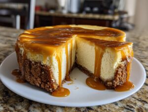 A rich, creamy salted caramel cheesecake with one slice cut out, generously drizzled with caramel sauce.