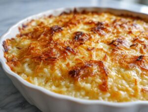 Close-up of baked french onion butter rice with a bubbly, golden-brown cheesy and onion topping.