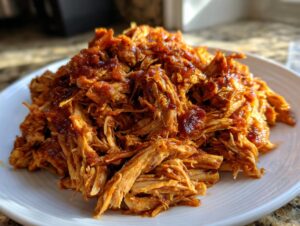 A close-up of a mound of saucy, shredded pulled chicken served on a white plate.