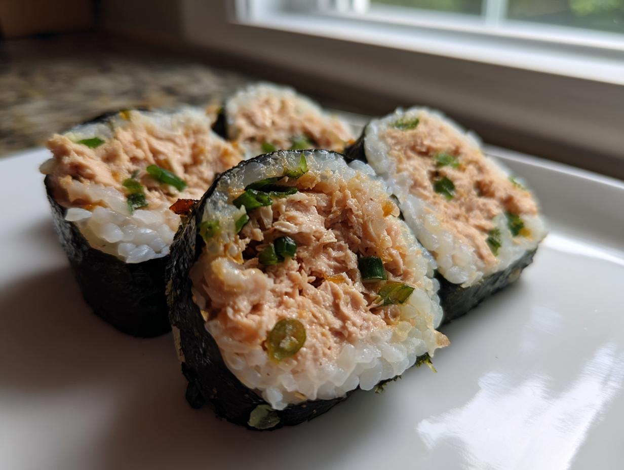 Four cross-sections of homemade tuna kimbap rolls showing the rice, nori, and generous tuna filling.