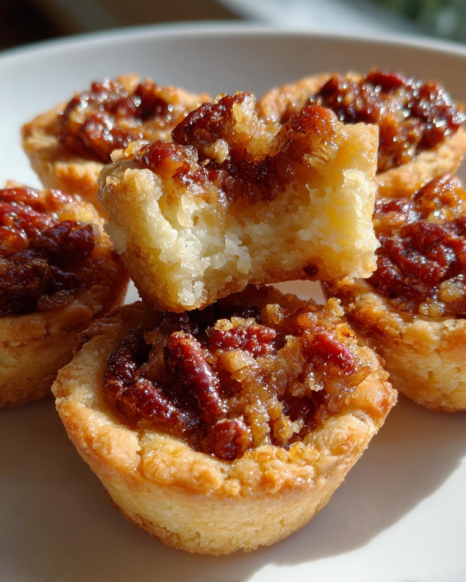 A close-up of several golden-crusted pecan tassies, one of which has a bite taken out showing the soft interior.