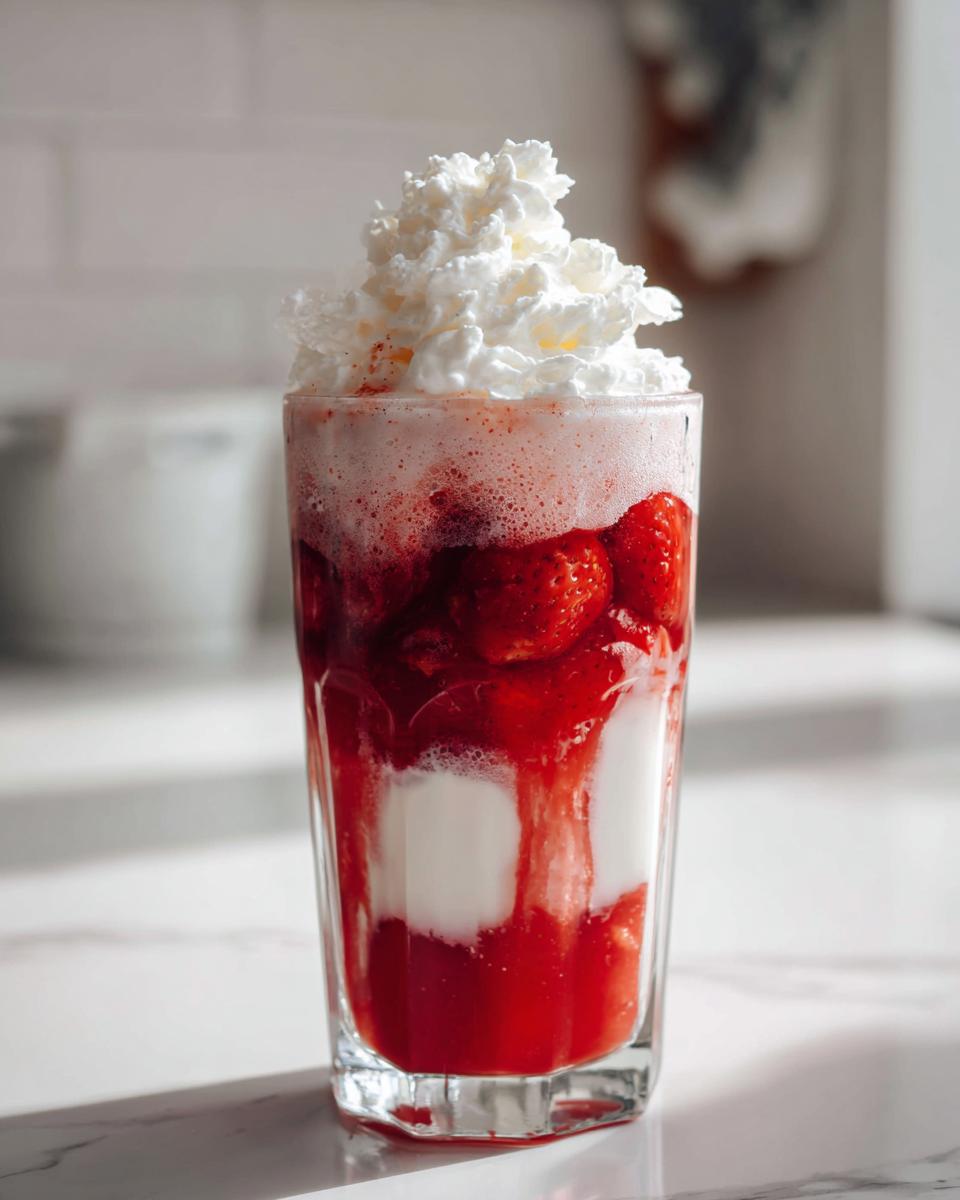 A tall glass layered with strawberry syrup, milk, and whole strawberries, topped high with whipped cream for strawberry milk.