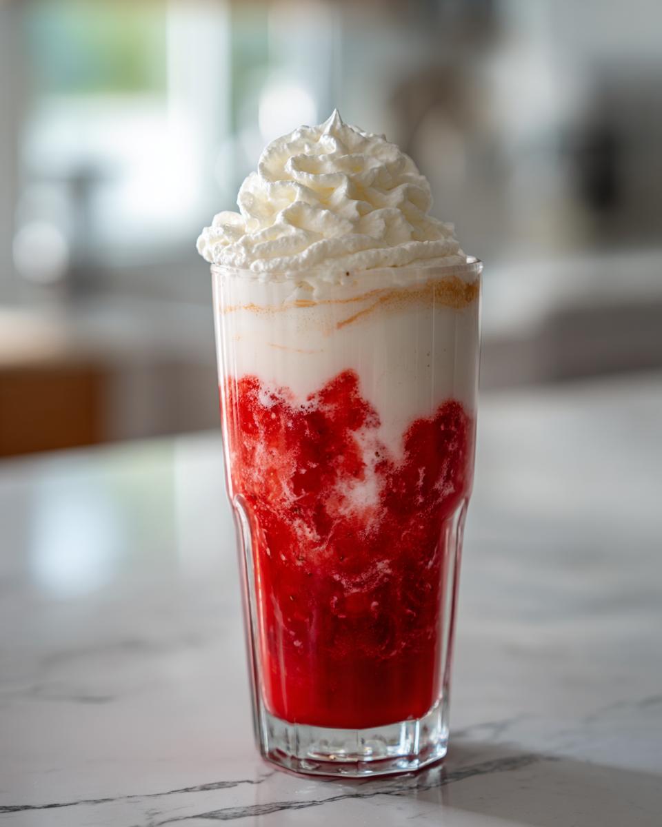 Tall glass of layered strawberry milk topped with a generous swirl of whipped cream.