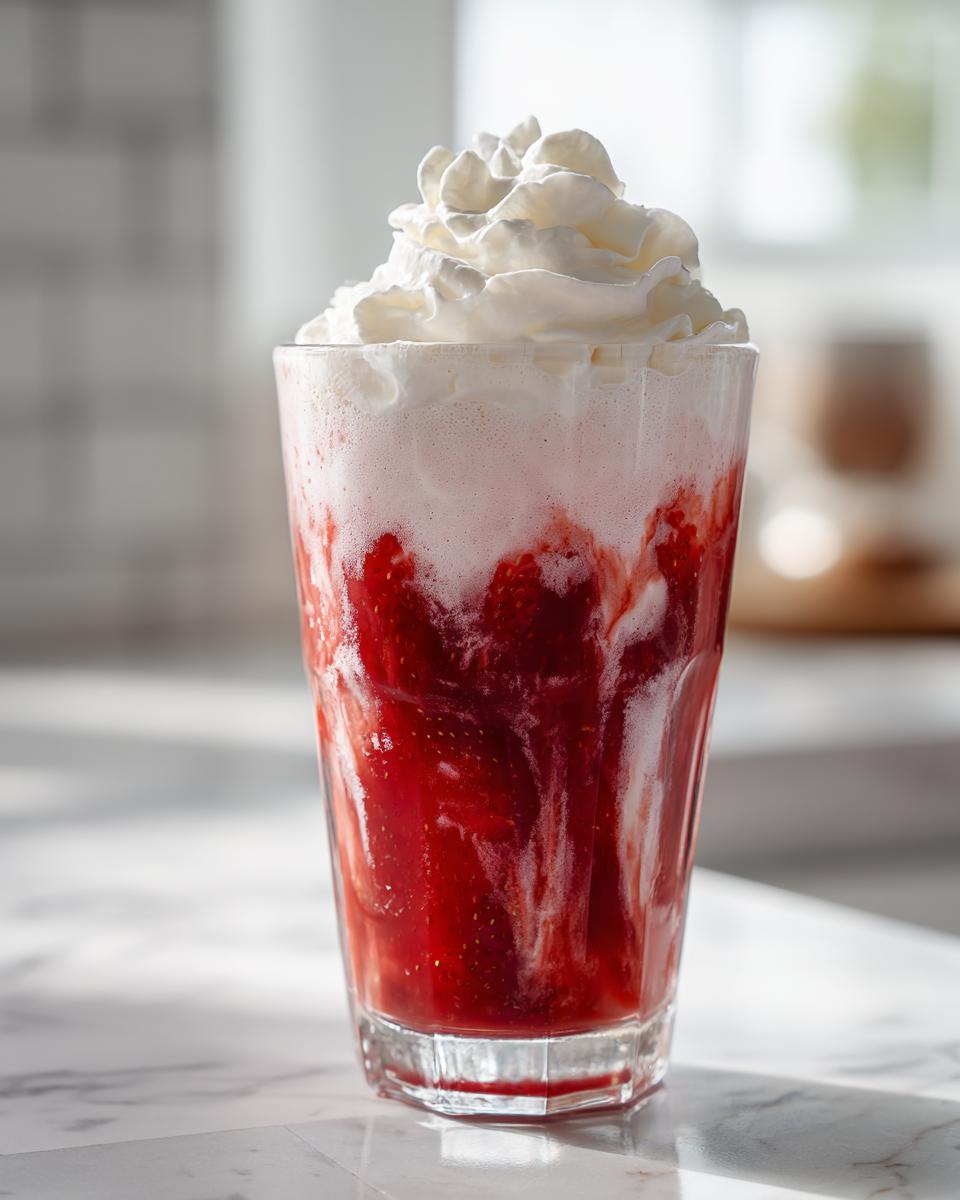 A tall glass filled with vibrant red strawberry milk, showing swirls of strawberry puree, topped with a generous swirl of whipped cream.