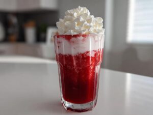 A tall glass of vibrant red strawberry milk topped generously with white whipped cream.