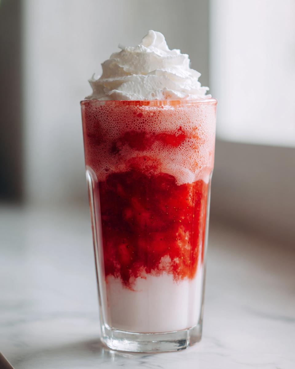 A tall glass of layered strawberry milk topped with a swirl of whipped cream.