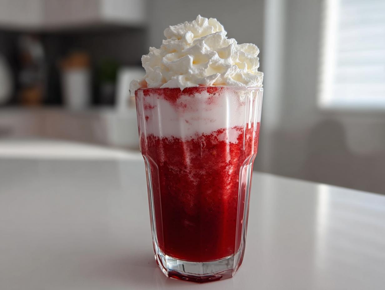 A tall glass of vibrant red strawberry milk topped generously with white whipped cream.