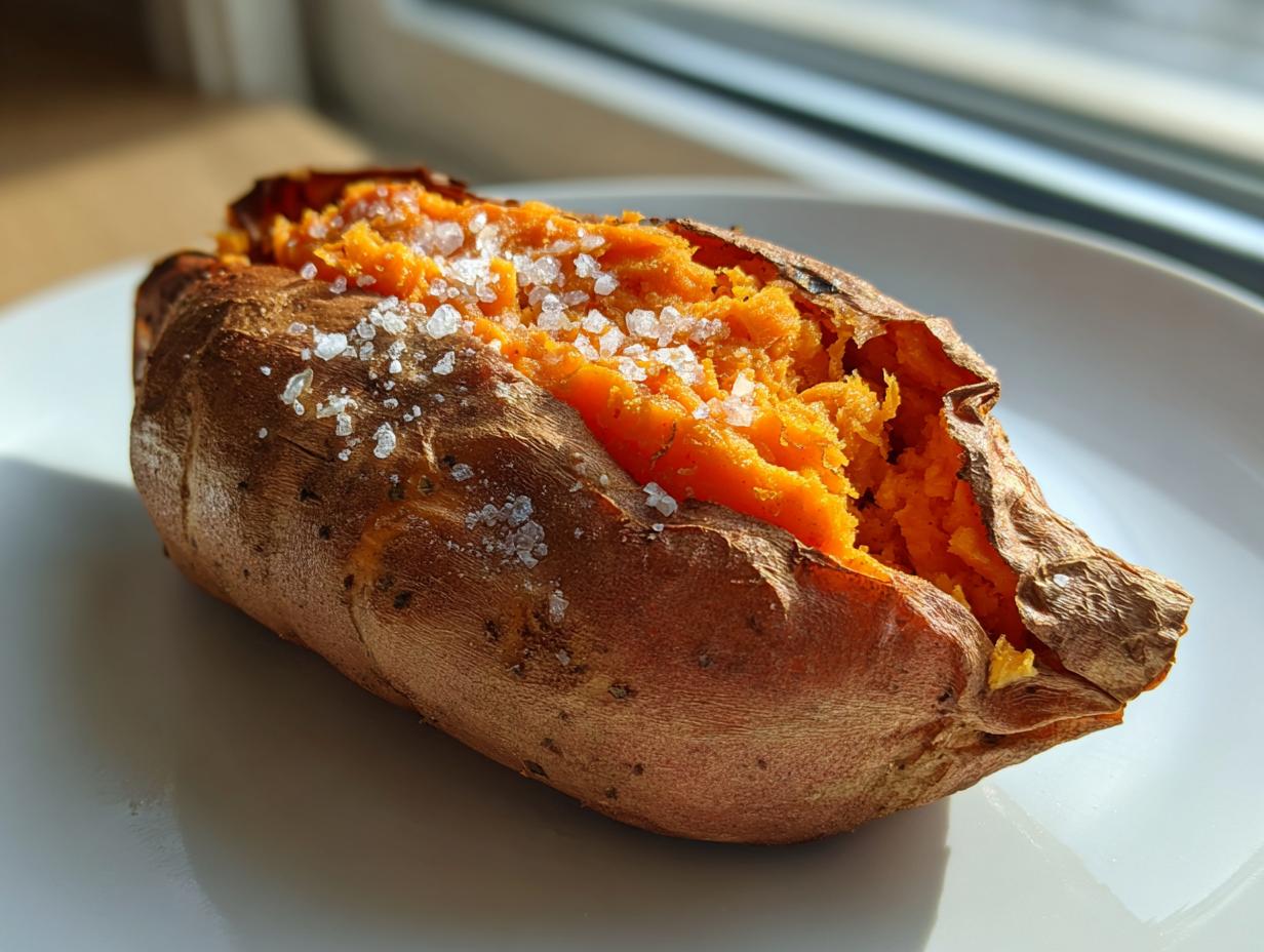 A fluffy baked sweet potatoes, split open and topped with coarse sea salt flakes, resting on a white plate.