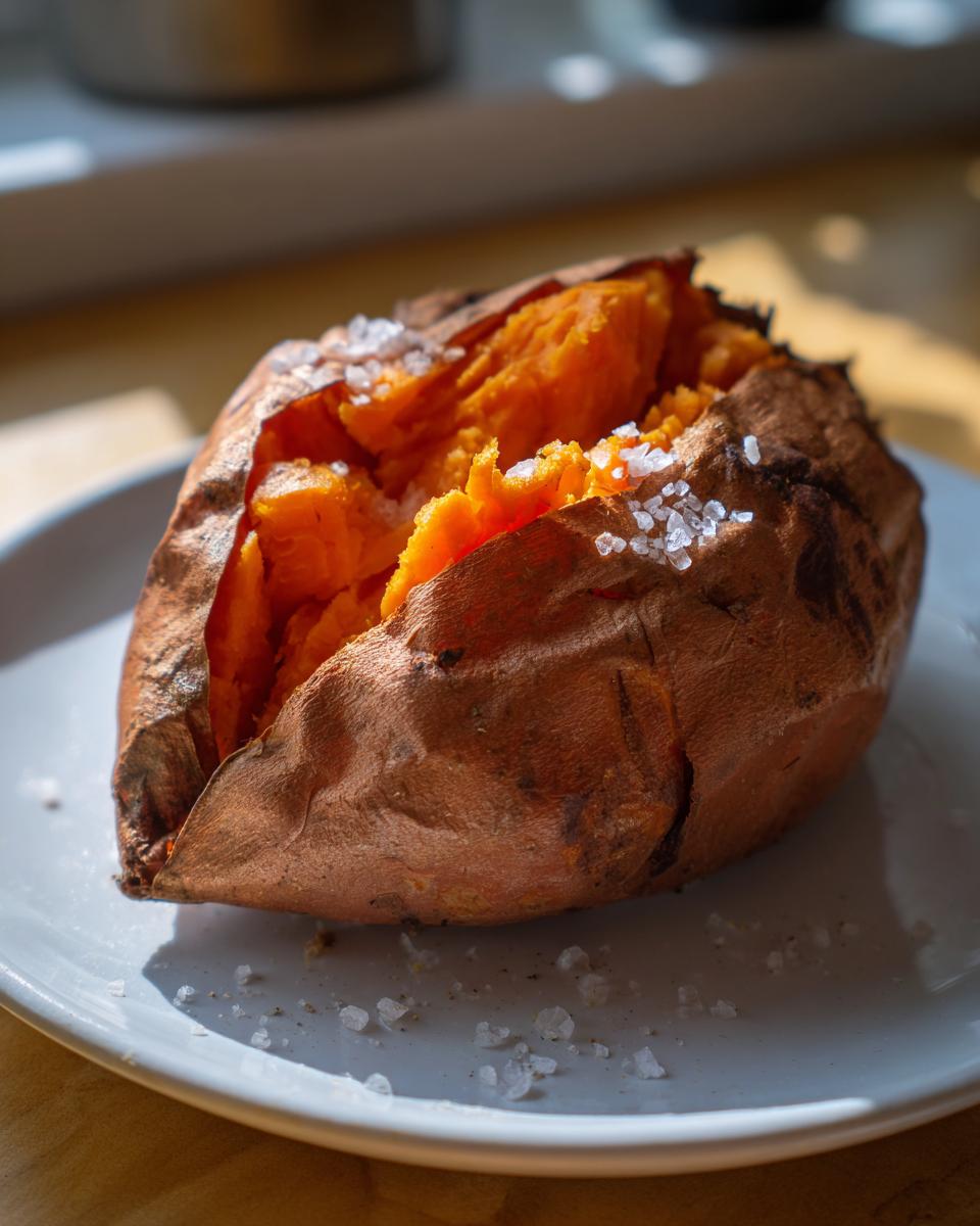 A single, perfectly baked sweet potatoes, split open and topped with flaky sea salt, ready to eat.