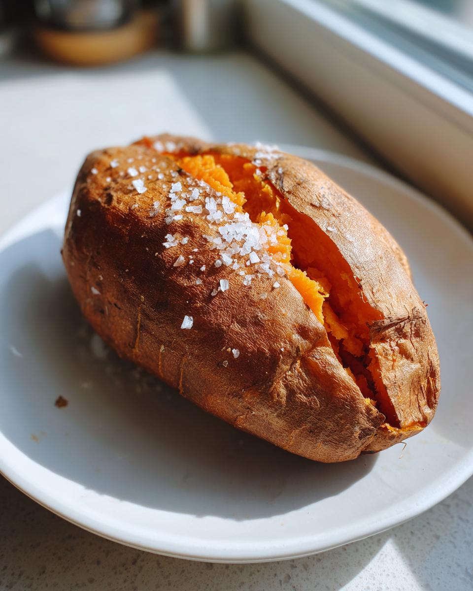 A single baked sweet potatoes, split open and topped with flaky sea salt, sitting on a white plate.