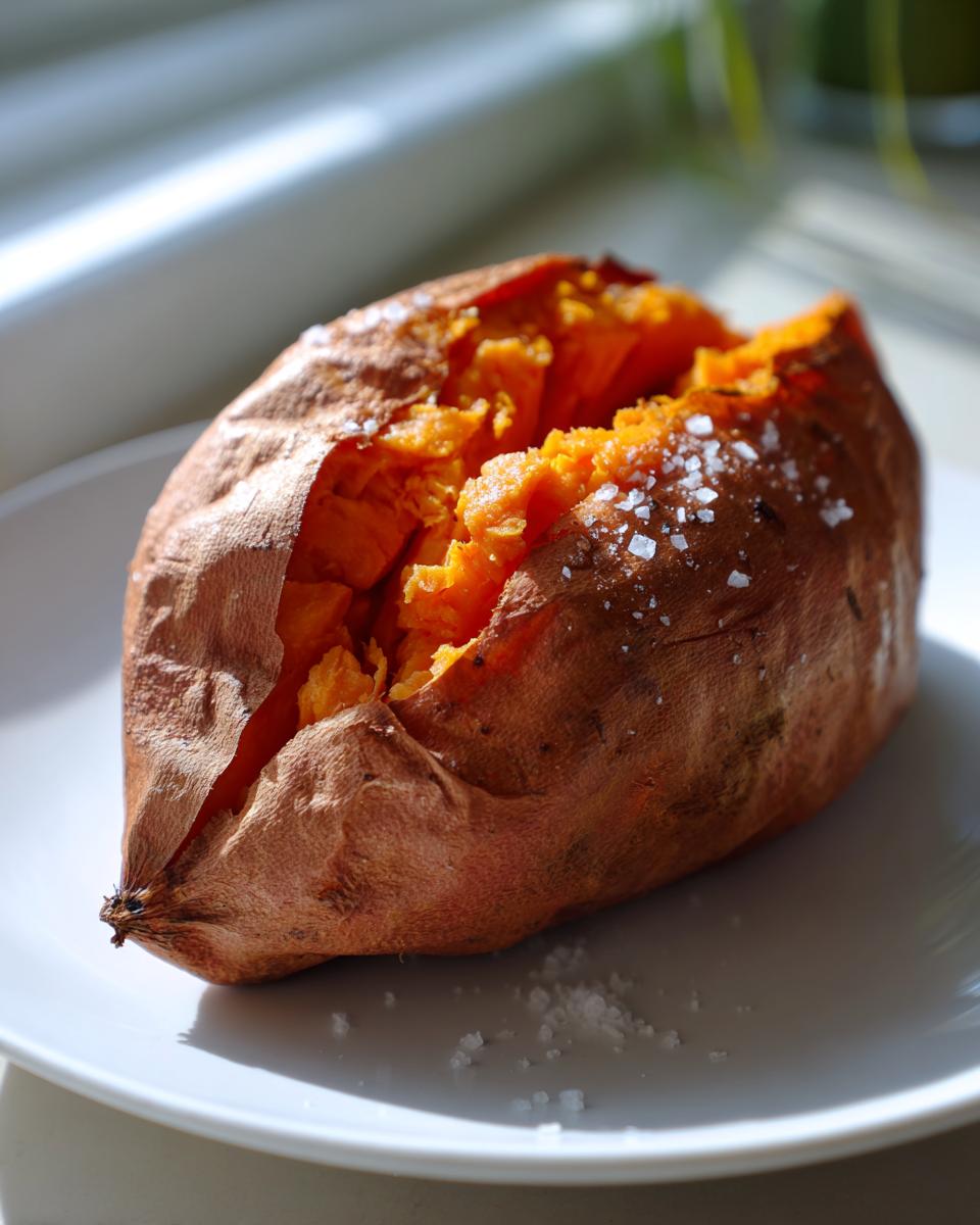 A close-up of a fluffy baked sweet potatoes, split open and sprinkled with coarse sea salt.