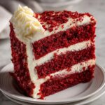 Close-up of a tall slice of red velvet cake with three layers and thick cream cheese frosting.