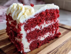 Close-up of a moist slice of red velvet cake layered with thick cream cheese frosting.