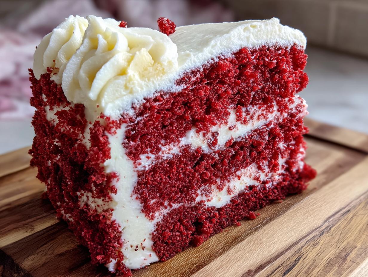 Close-up of a moist slice of red velvet cake layered with thick cream cheese frosting.