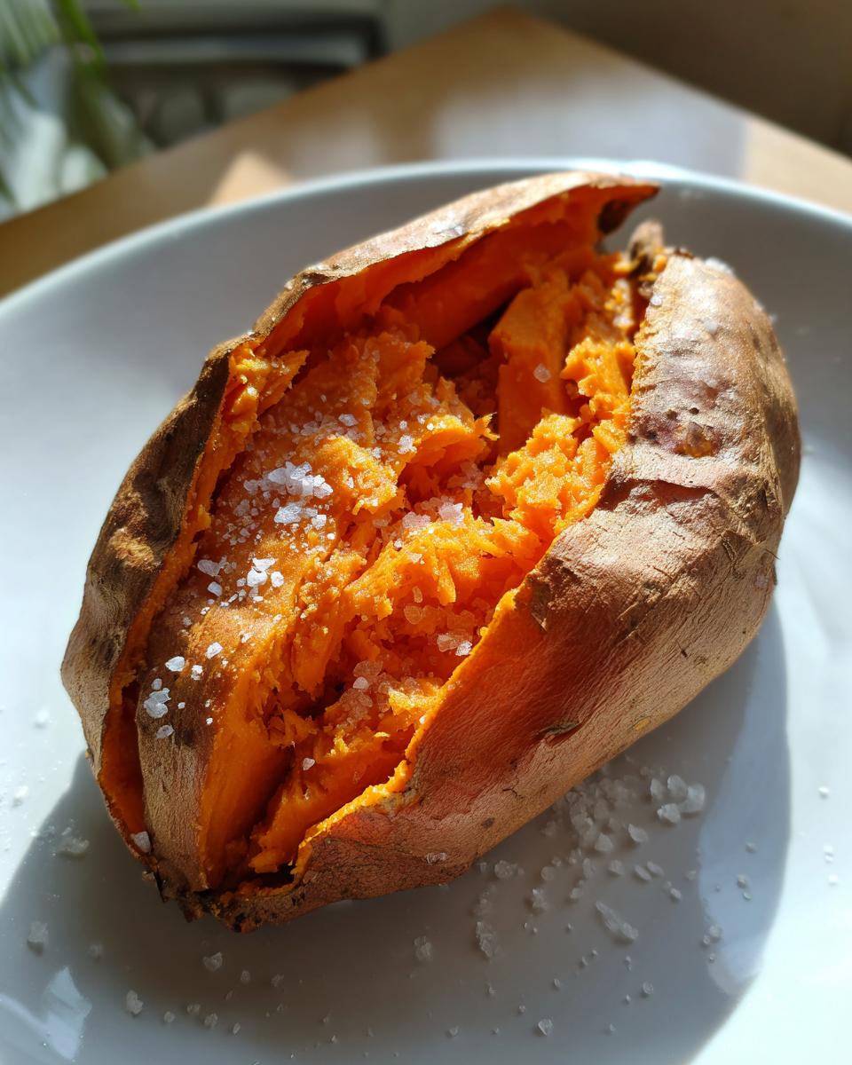 A close-up of a fluffy baked sweet potatoes, split open and sprinkled with coarse sea salt.