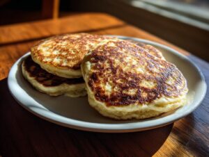 A stack of three fluffy banana oatmeal pancakes with golden-brown, slightly charred tops, served on a white plate.