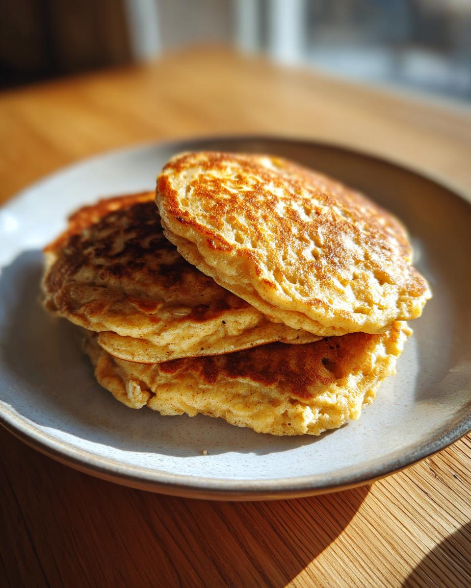 A stack of three fluffy banana oatmeal pancakes golden brown on a light ceramic plate.