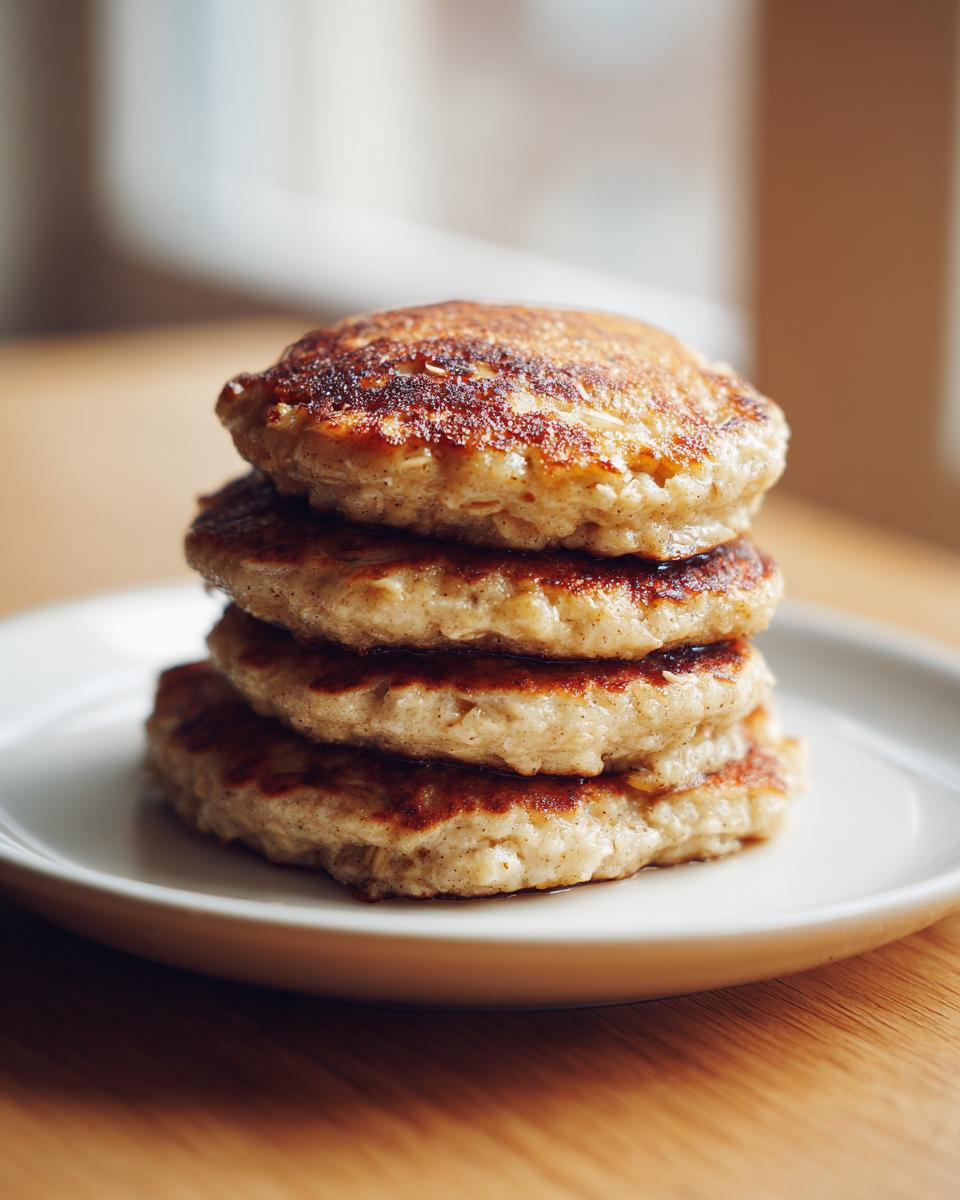 A close-up stack of four fluffy banana oatmeal pancakes, perfectly browned on a white plate.