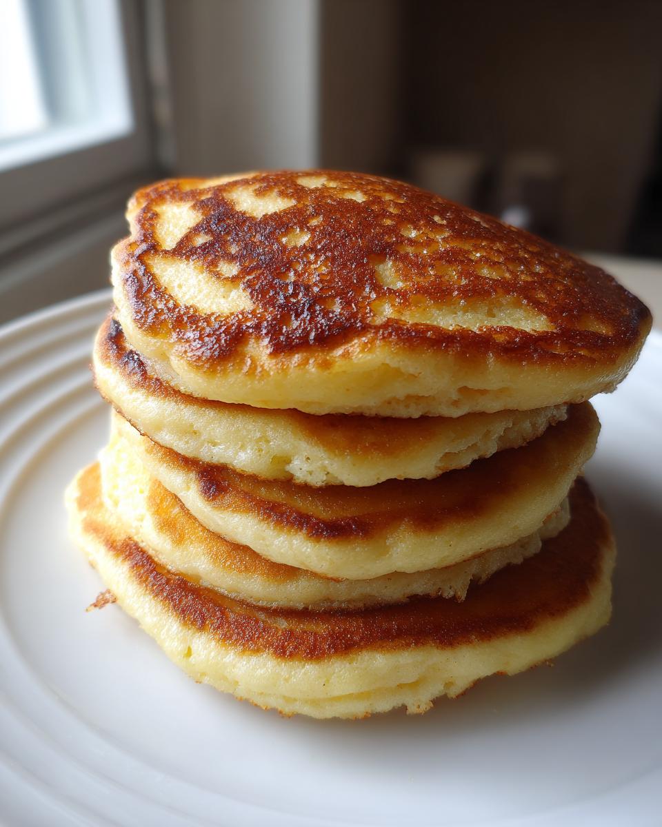 A tall stack of four perfectly golden brown coconut flour pancakes on a white plate.