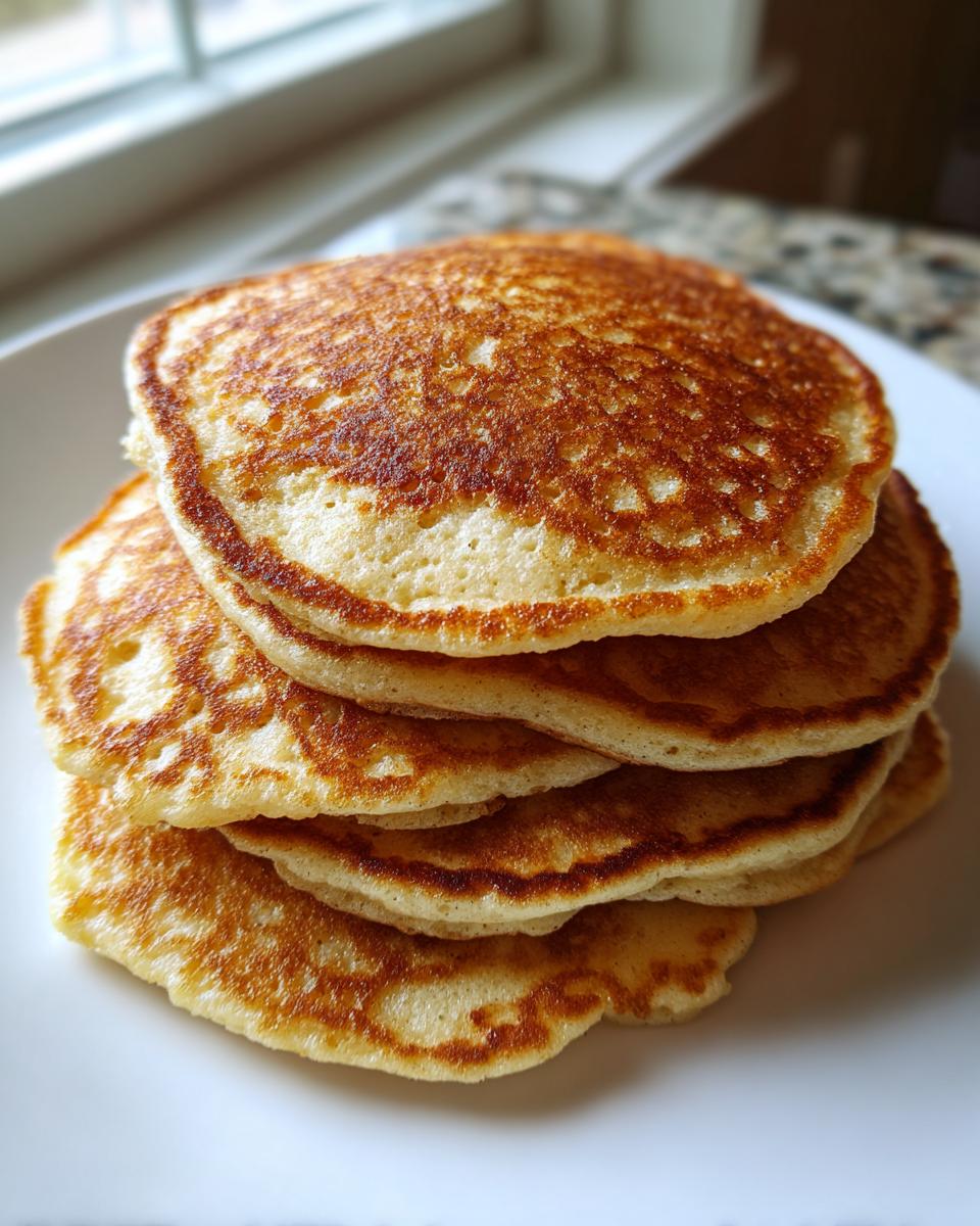 A tall stack of golden brown, fluffy coconut flour pancakes served on a white plate.