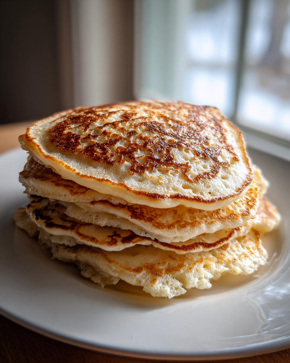 A tall stack of fluffy coconut flour pancakes with golden-brown, bubbly tops served on a white plate.