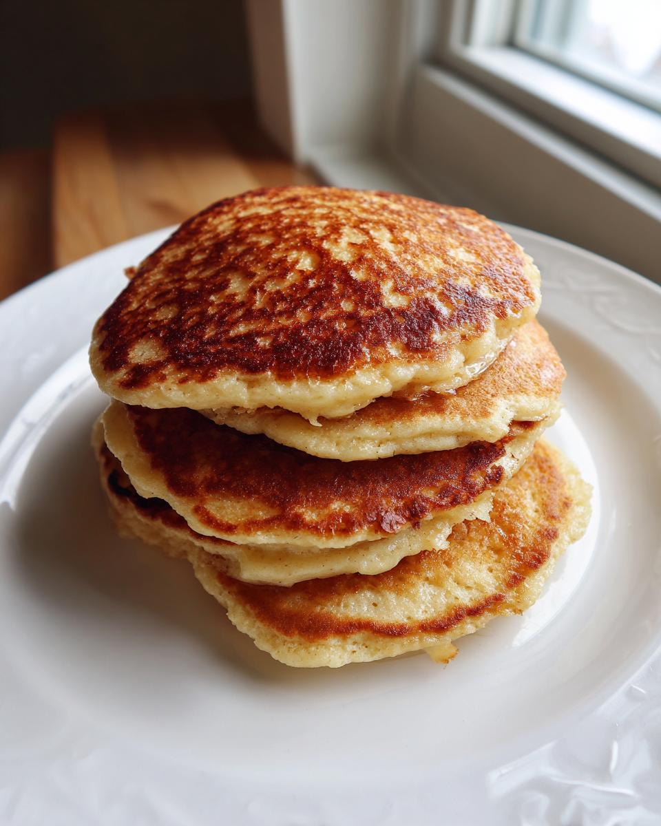 A stack of four golden-brown coconut flour pancakes served on a white plate near a window.