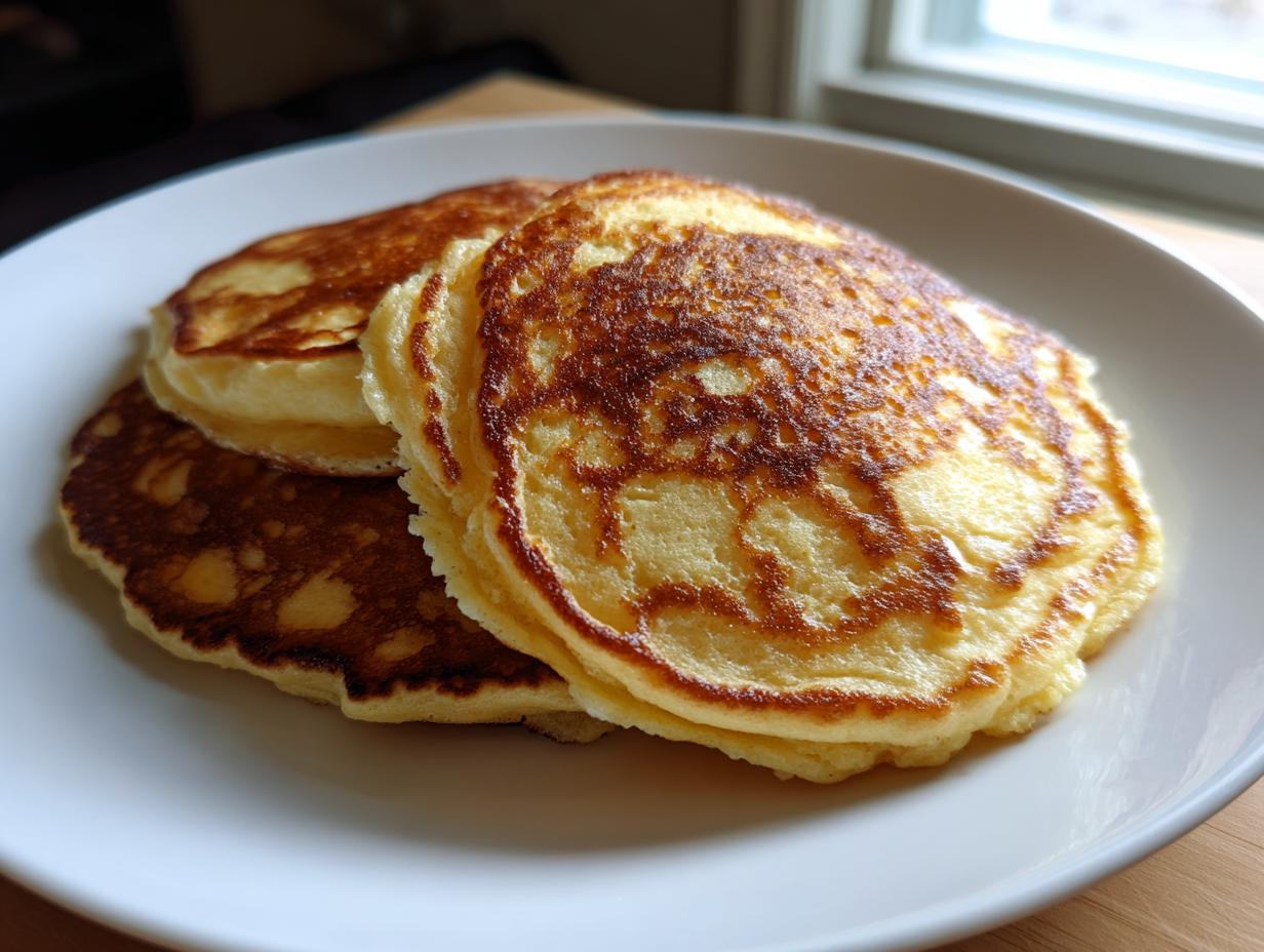 A stack of three golden-brown, fluffy coconut flour pancakes served on a white plate near a window.