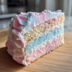 Close-up of a slice of fluffy cotton candy cake showing layers of white, blue, and pink cake with swirled pink and blue frosting.