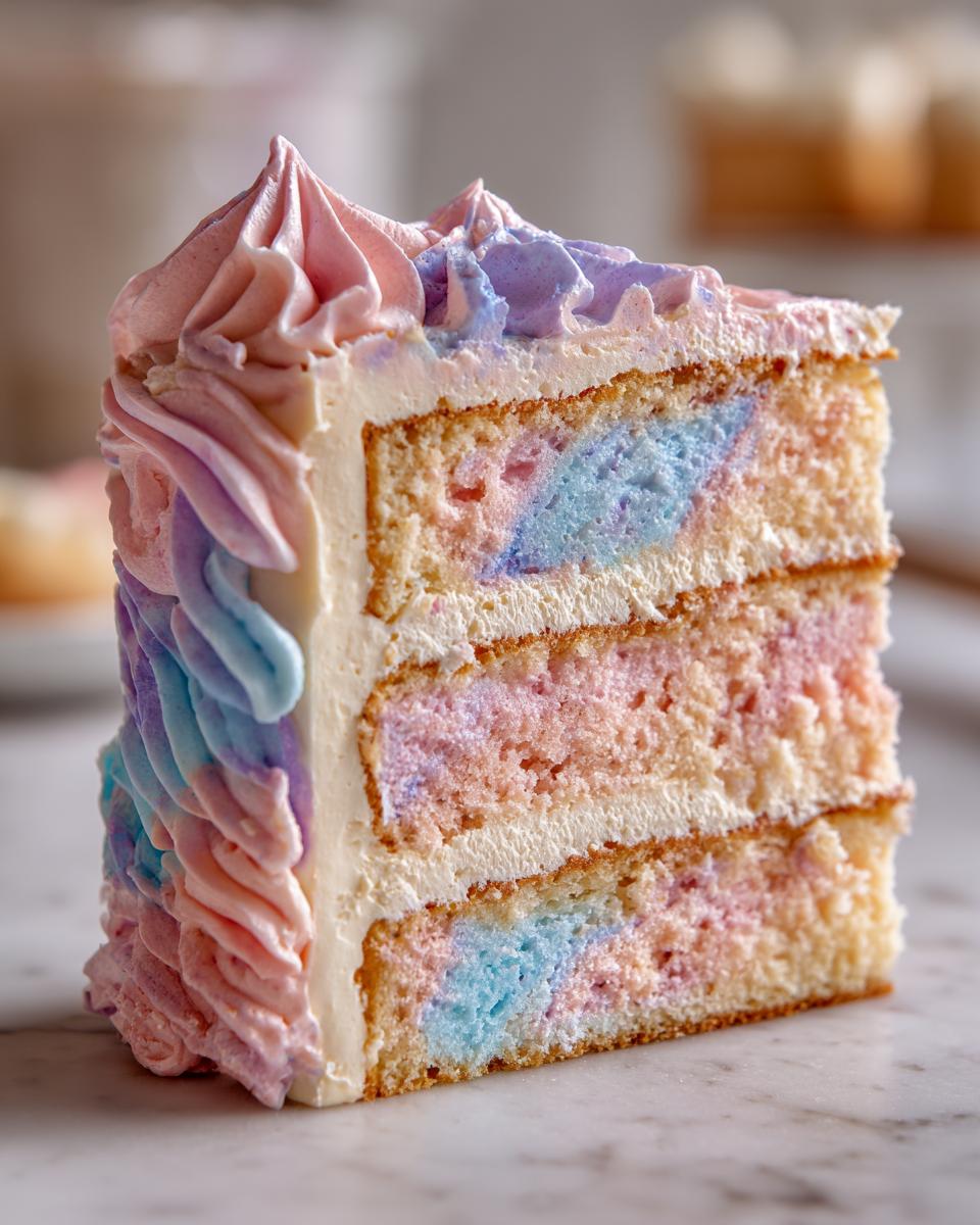 A close-up slice of fluffy cotton candy cake showing three layers of pink and blue marbled sponge and white frosting.