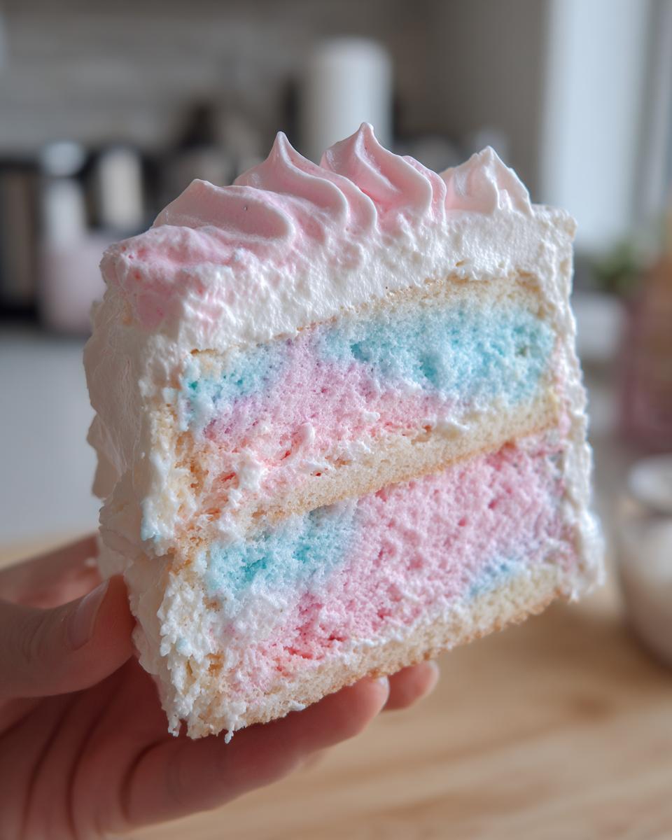 A hand holding a slice of fluffy cotton candy cake featuring pink and blue marbled layers and white frosting.