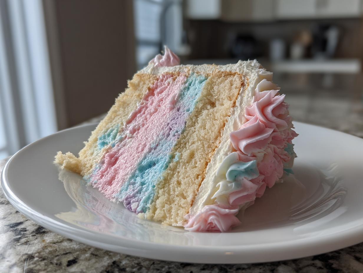A close-up of a slice of fluffy cotton candy cake showing pastel pink, blue, and purple layers with white frosting swirls.