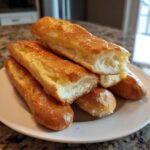 Close-up of golden brown, soft breadsticks piled on a white plate, showing the fluffy interior texture.