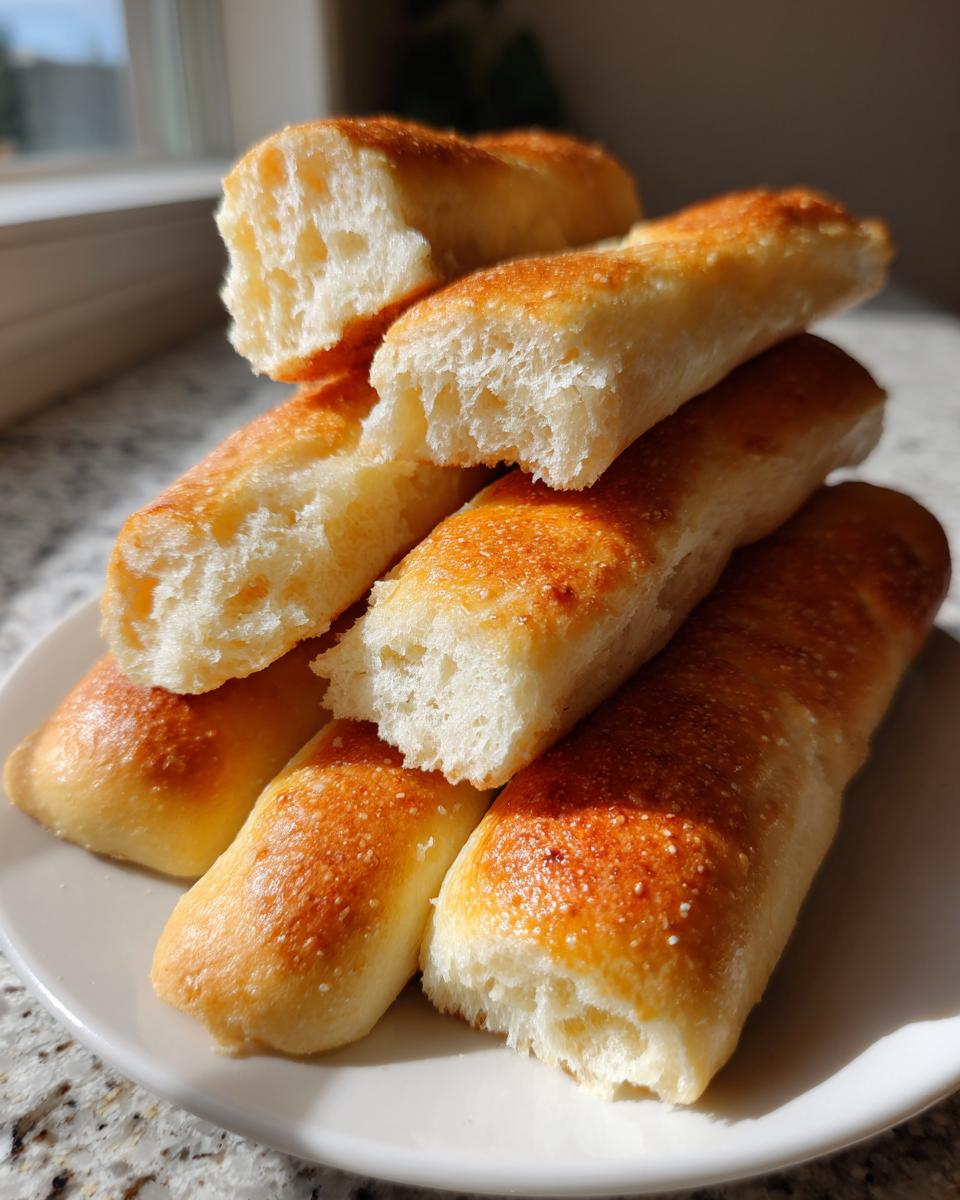 A stack of golden-brown, fluffy homemade breadsticks, some broken open to show the soft interior.