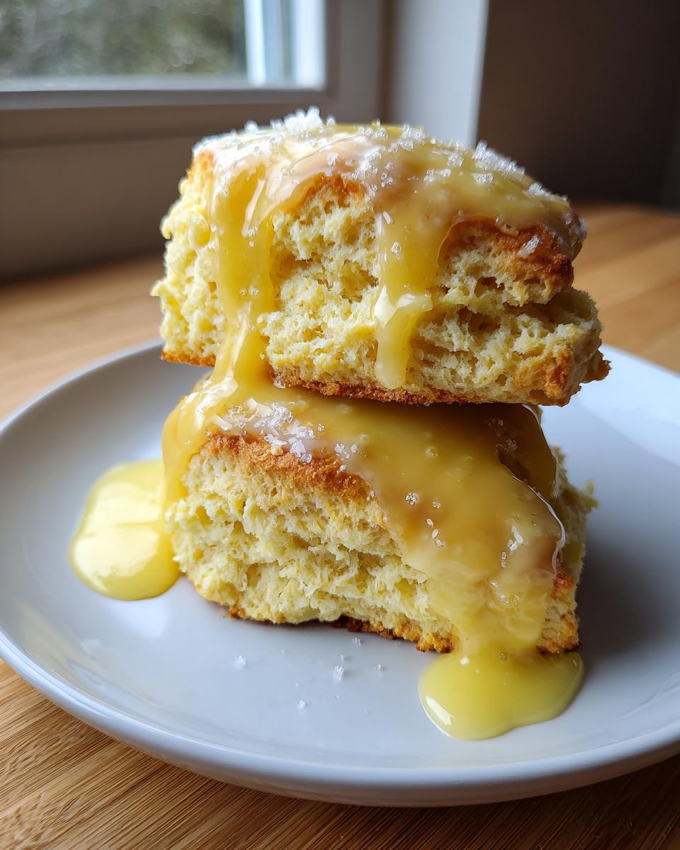 Two halves of fluffy lemon scones stacked and drizzled generously with bright yellow lemon curd or glaze, topped with coarse sugar.
