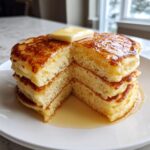 A thick stack of fluffy sourdough pancakes cut to show the interior, topped with melting butter and drizzled with syrup.