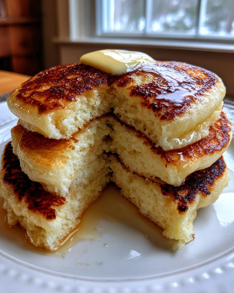 A stack of three thick, fluffy sourdough pancakes cut in half, topped with melting butter and syrup.