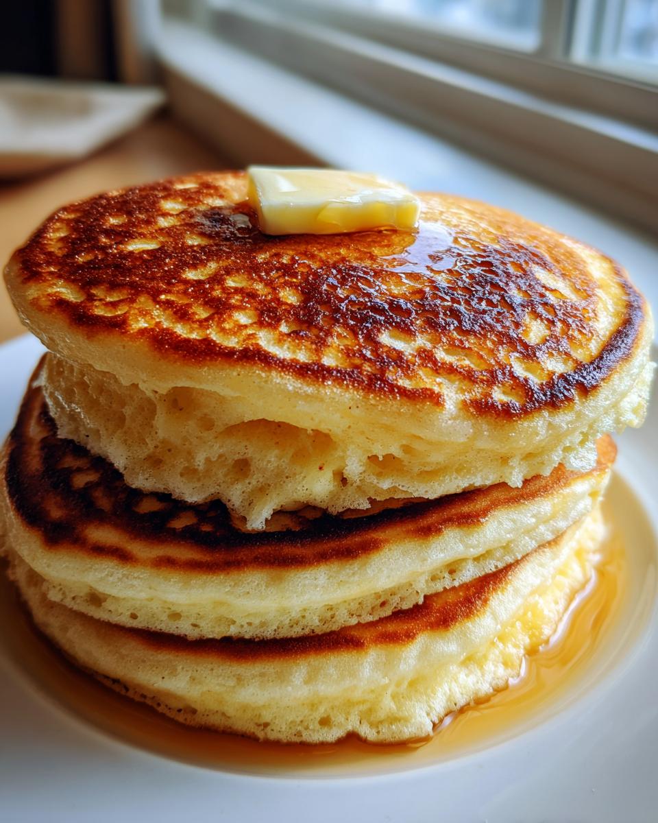 Close-up of a tall stack of fluffy sourdough pancakes topped with melting butter and syrup.