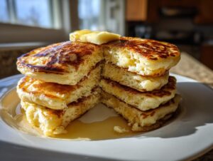 A stack of fluffy sourdough pancakes, cut open to show the interior, topped with melting butter and syrup.